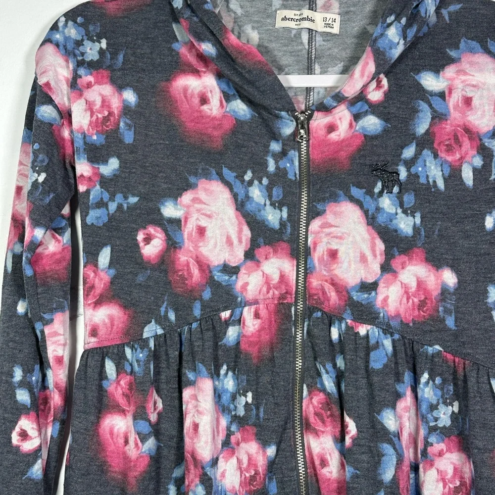 Abercrombie Kids Floral Rose gray Peplum Zip Up Hoodie Cardigan Size 13/14‎ NWOT